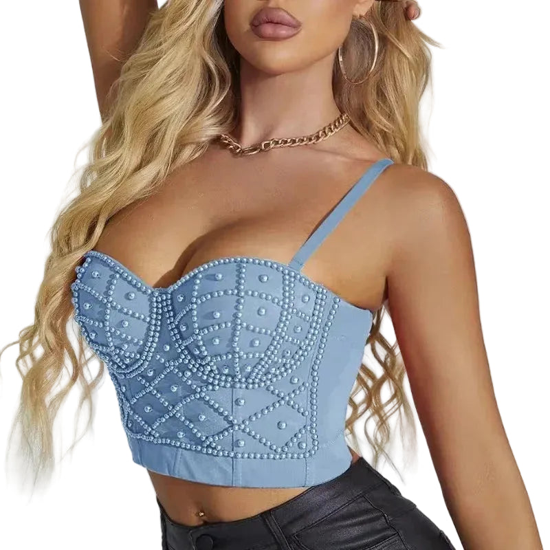 Blue sexy strapless pearl bra top with detailed pearl embellishments worn by a blonde model