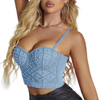 Blue sexy strapless pearl bra top with detailed pearl embellishments worn by a blonde model