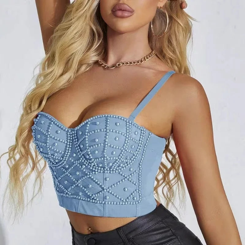 Blue sexy strapless pearl bra top with detailed pearl embellishments worn by a blonde model