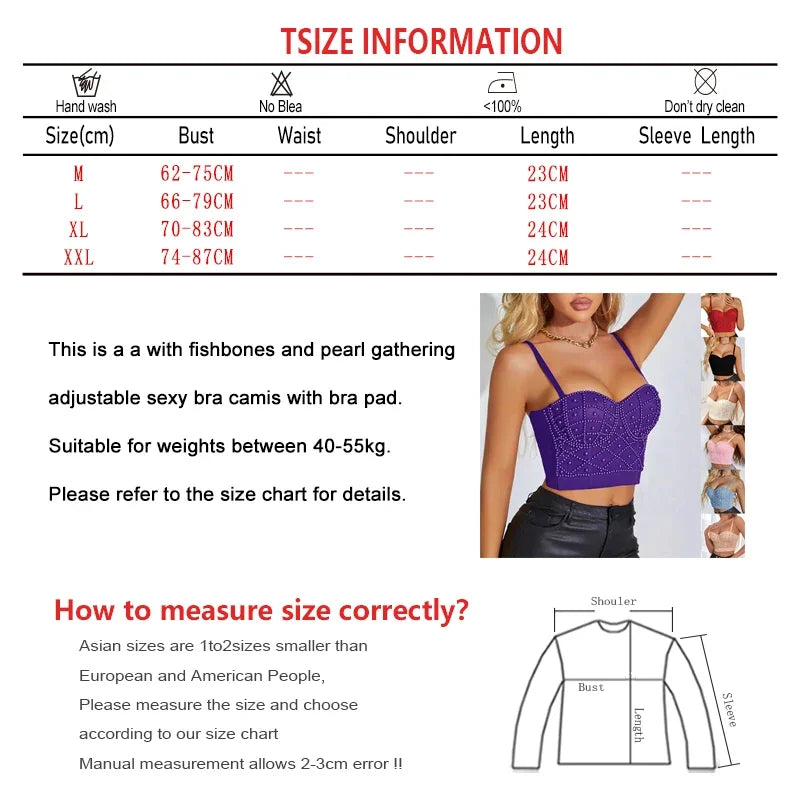 Size chart and model wearing a sexy strapless pearl bra top in purple showing fit and measurements
