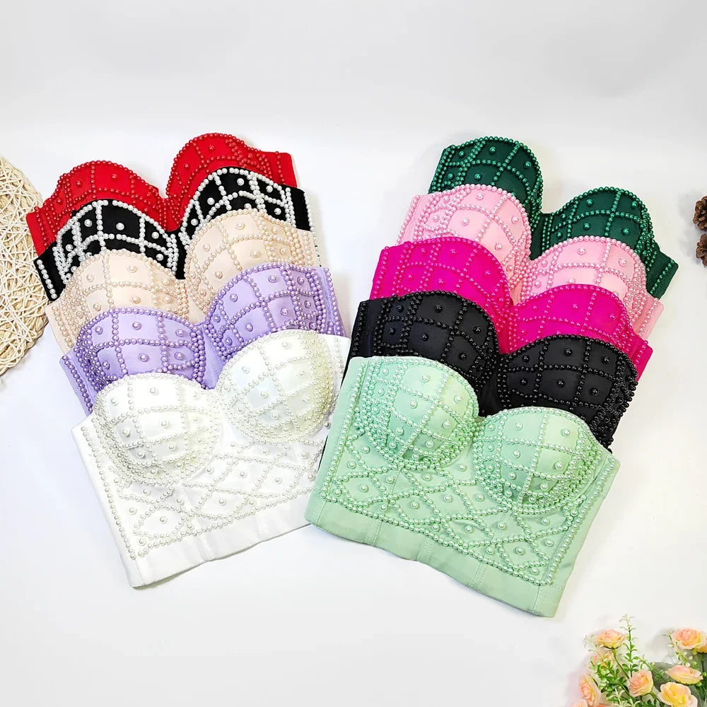 Collection of sexy strapless pearl bra top in various colors including white, black, red, pink, green, and purple