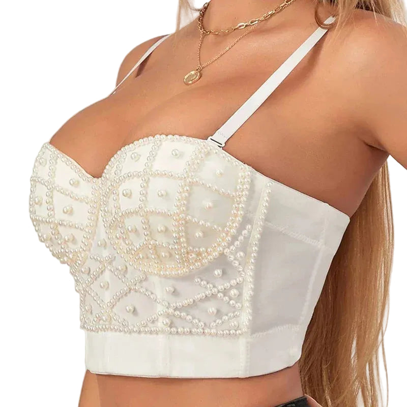 Sexy strapless pearl bra top with detailed pearl embellishments and detachable straps