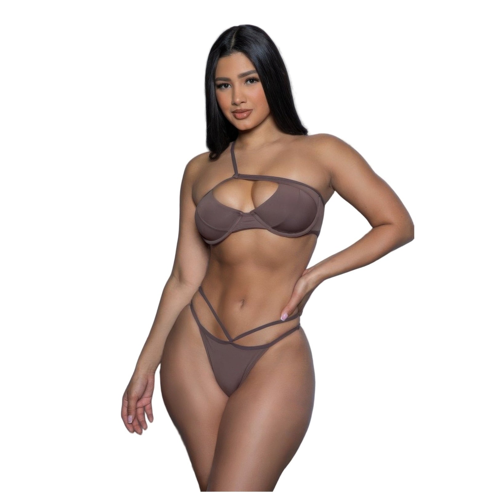 VacationGrabs sexy strappy bikini set in brown featuring a cutout design and adjustable straps