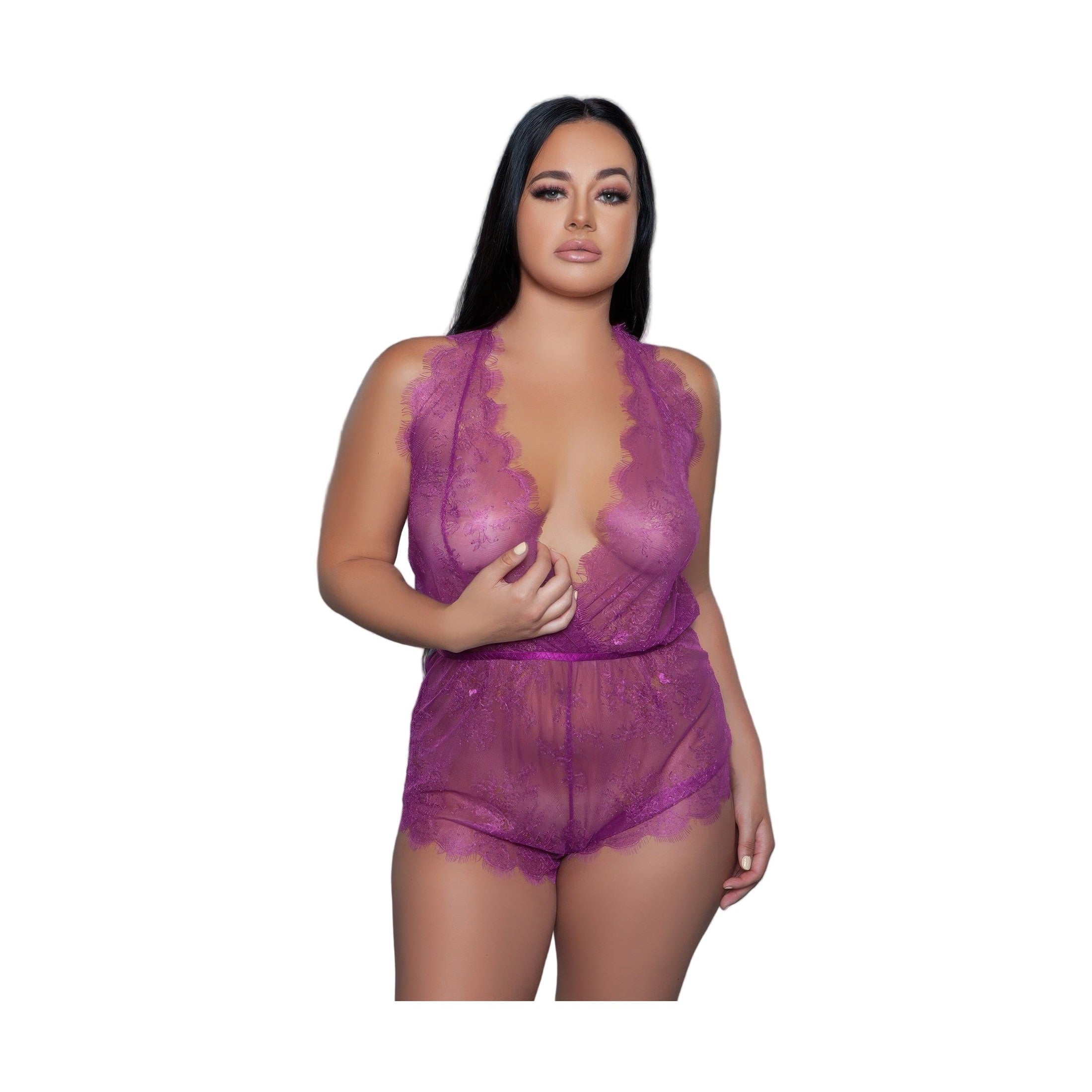 Sexy vacation romper in purple lace design featuring a deep V-neck and scalloped edges