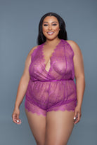 Purple lace sexy vacation romper for women featuring a plunging neckline and short sleeves