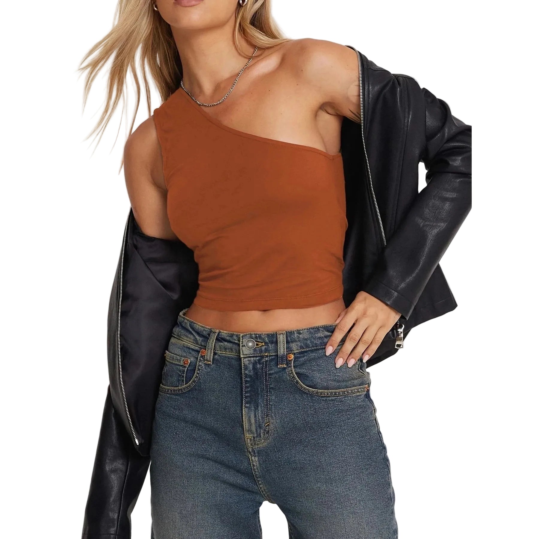 Woman wearing a brown one-shoulder crop top and denim jeans with a black leather jacket for sexy vacation tops for women