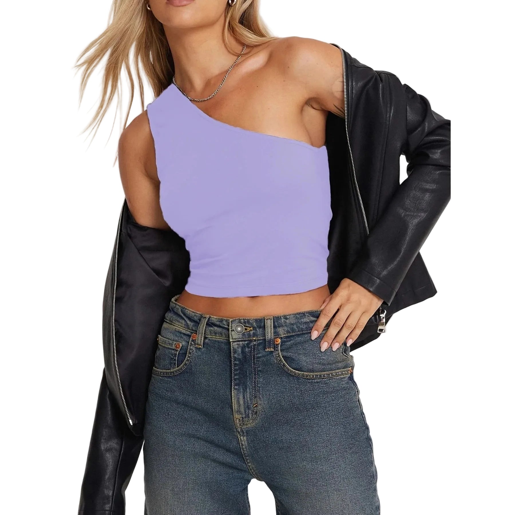 Woman wearing a stylish one-shoulder lavender crop top and black leather jacket showcasing sexy vacation tops for women