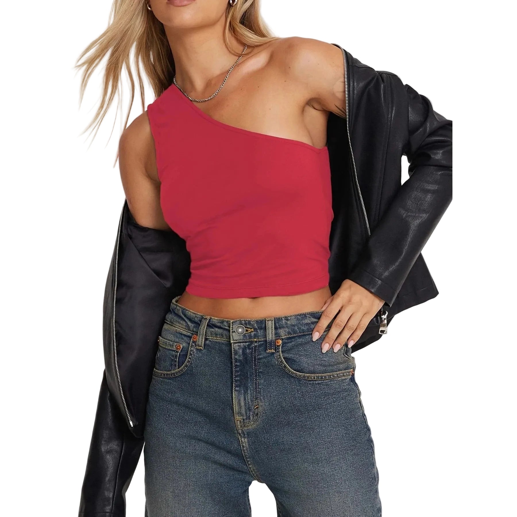 Woman wearing a red one-shoulder cropped top paired with jeans and a black leather jacket sexy vacation tops for women