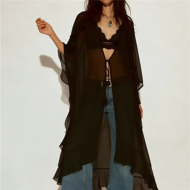 Women's sheer cardigan in black for casual beach cover-up