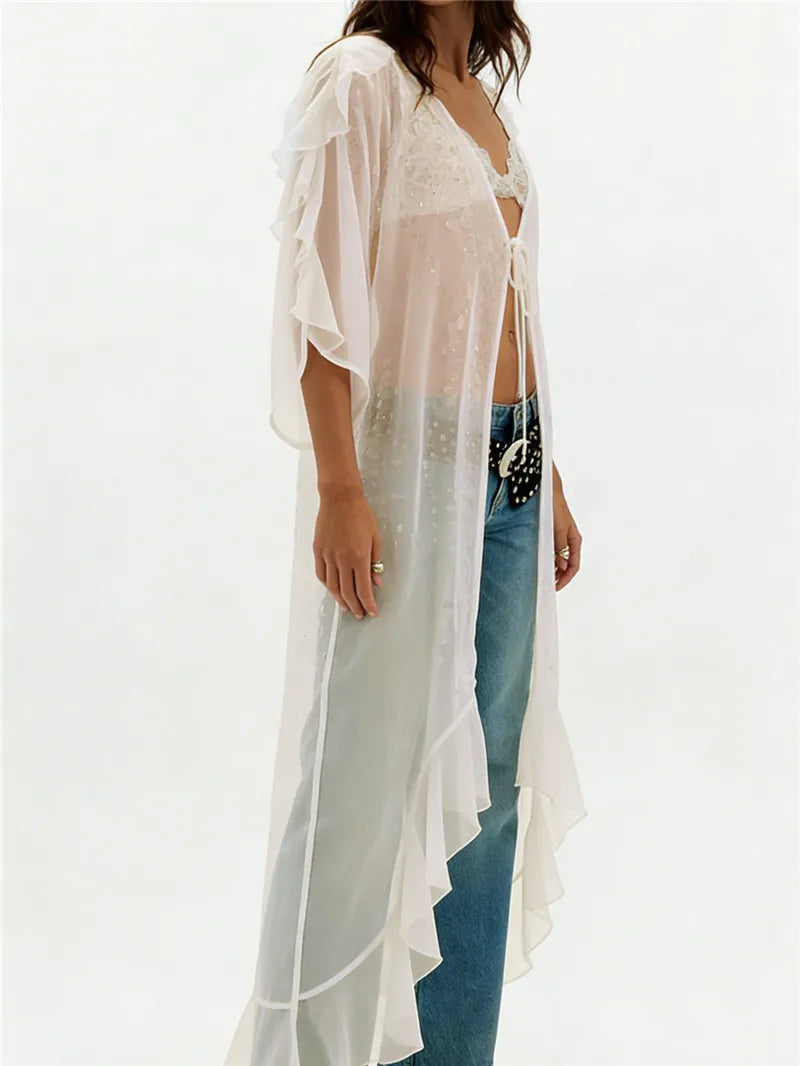 Women's sheer cardigan, white fabric, perfect for layering