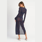 Emory Park sheer cover up dress in navy blue, featuring a long design and back slit for beach style