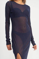 Emory Park sheer cover up dress in navy with long sleeves and a thigh slit for stylish beachwear