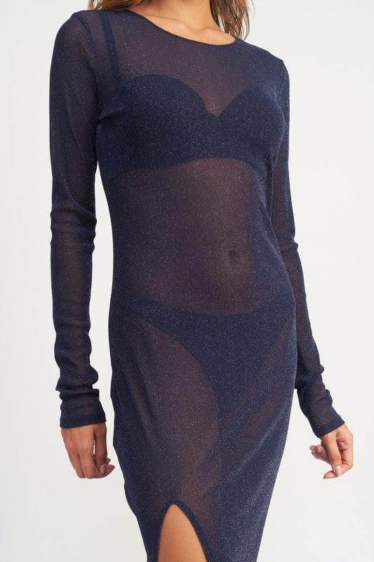 Emory Park sheer cover up dress in navy with long sleeves and a thigh slit for stylish beachwear