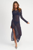 Emory Park sheer cover up dress in navy with long sleeves and a thigh-high slit