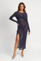 Emory Park sheer cover up dress in navy blue with a thigh-high slit and long sleeves for beachwear