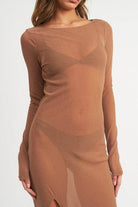 Emory Park Sheer Cover Up Dress in Brown with Long Sleeves and Side Slits for Beachwear