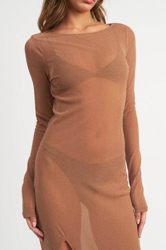 Emory Park Sheer Cover Up Dress in Brown with Long Sleeves and Side Slits for Beachwear