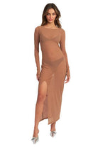 Emory Park Sheer Cover Up Dress in Beige with Long Sleeves and Side Slit for Beach Wear