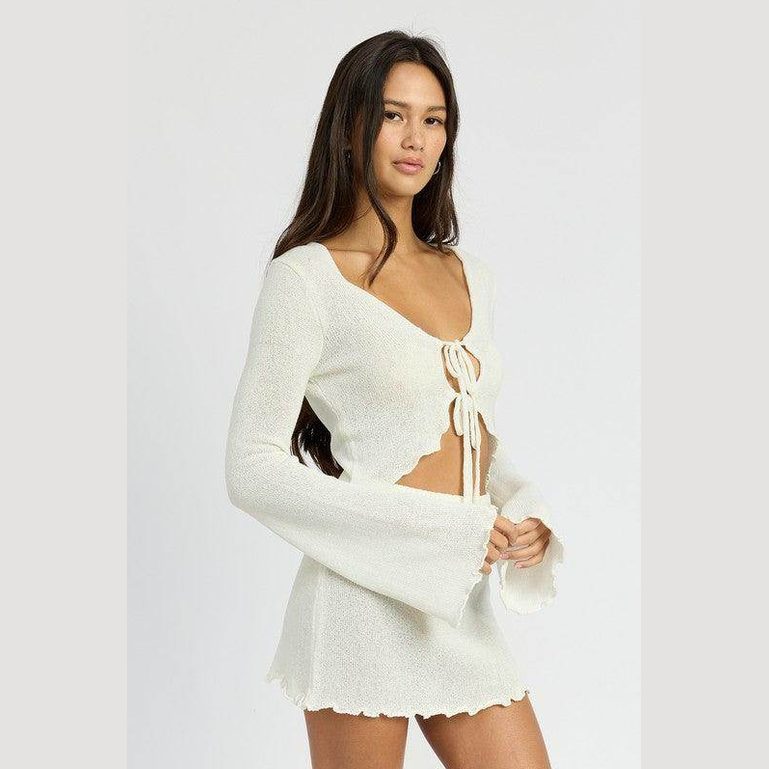 Sheer Long Sleeve Cardigan With Front Tie - VacationGrabs
