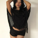 Black sheer poncho with fringe, perfect for beach cover-up