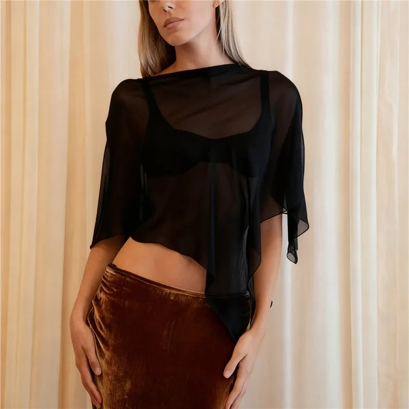 Women's sheer poncho in black, perfect for beach cover-ups