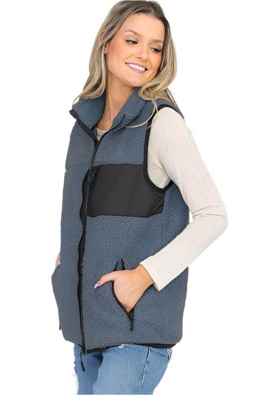 WEIV Women's Sherpa Vest for Travel in Grey with Black Accents and Side Pockets