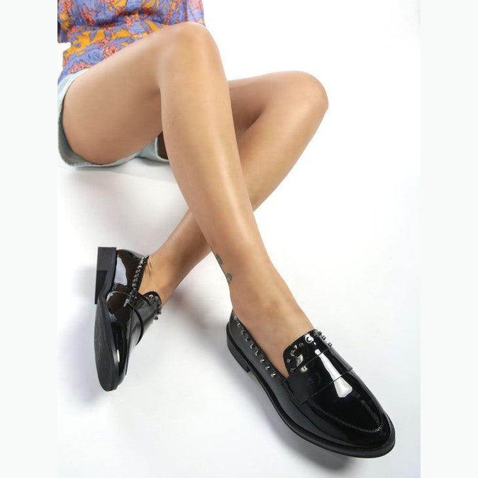 Rag Company Shiny Black Loafers with Silver Studded Detailing for Stylish Everyday Wear