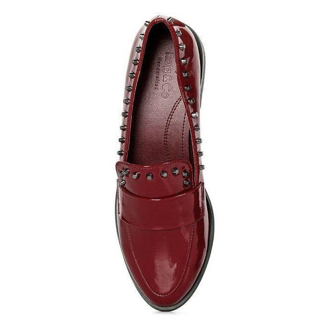 Chic Women's Flats in Shiny Black Loafers with Studded Detailing for Stylish Comfort