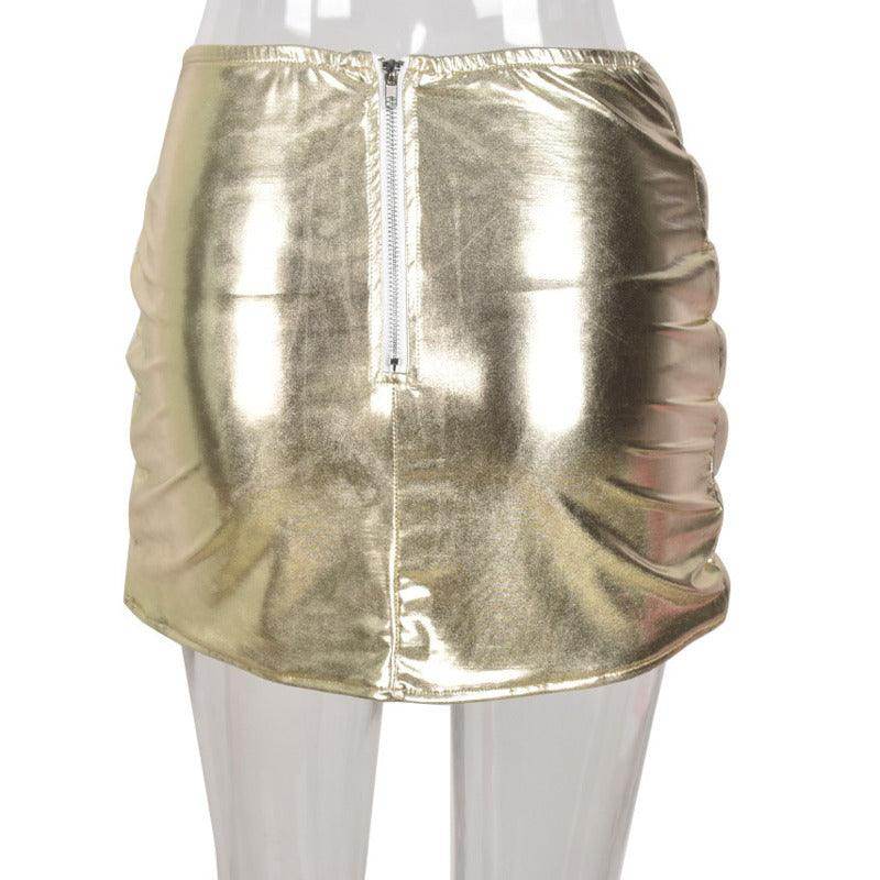 Gold shiny puffer skirt by Red Iphigenia with ruched detailing and back zip closure