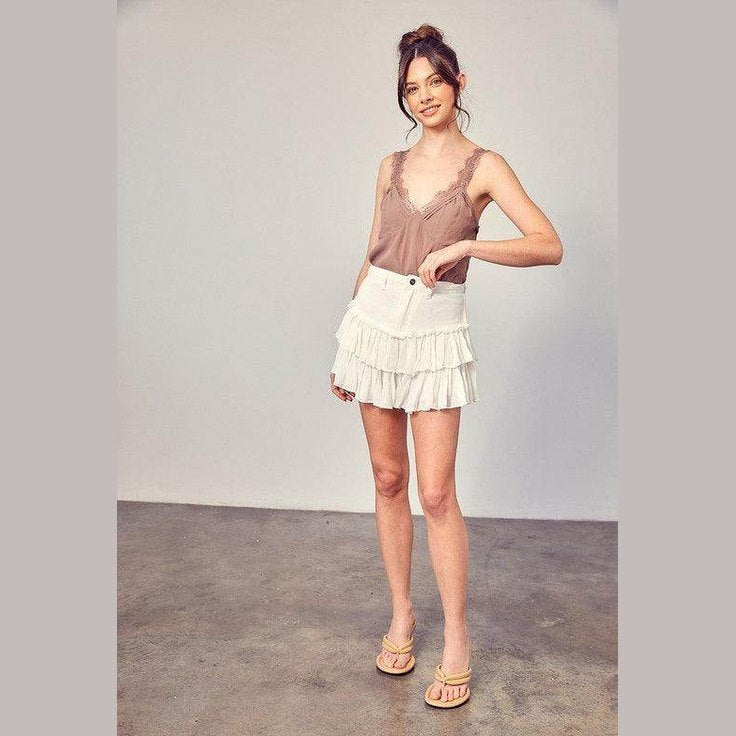 Shirred Crapon Cont Detail Denim Skorts - VacationGrabs