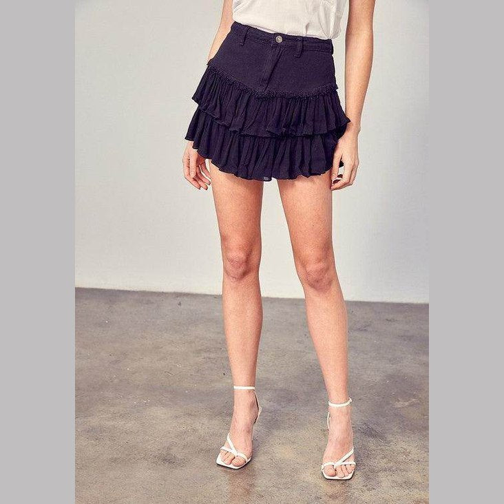Shirred Crapon Cont Detail Denim Skorts - VacationGrabs