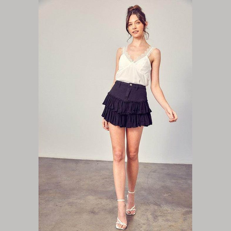 Shirred Crapon Cont Detail Denim Skorts - VacationGrabs