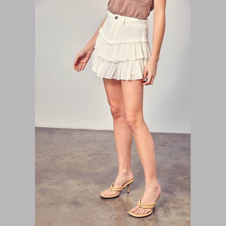 Shirred Crapon Cont Detail Denim Skorts - VacationGrabs