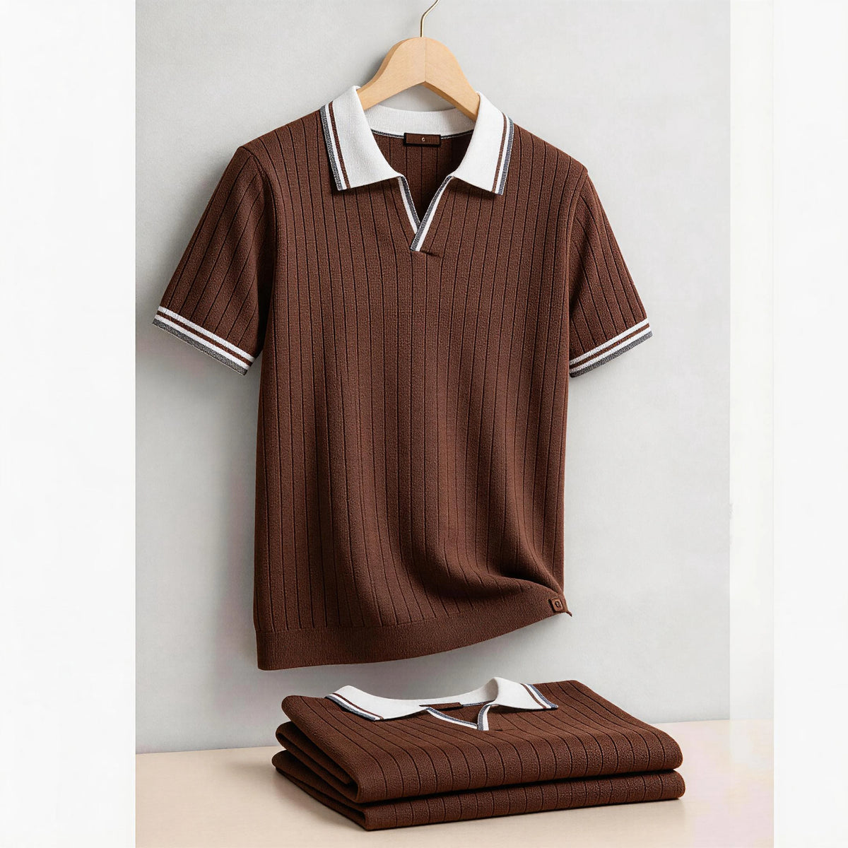 Men's brown shirt and polo, knit fabric, casual wear