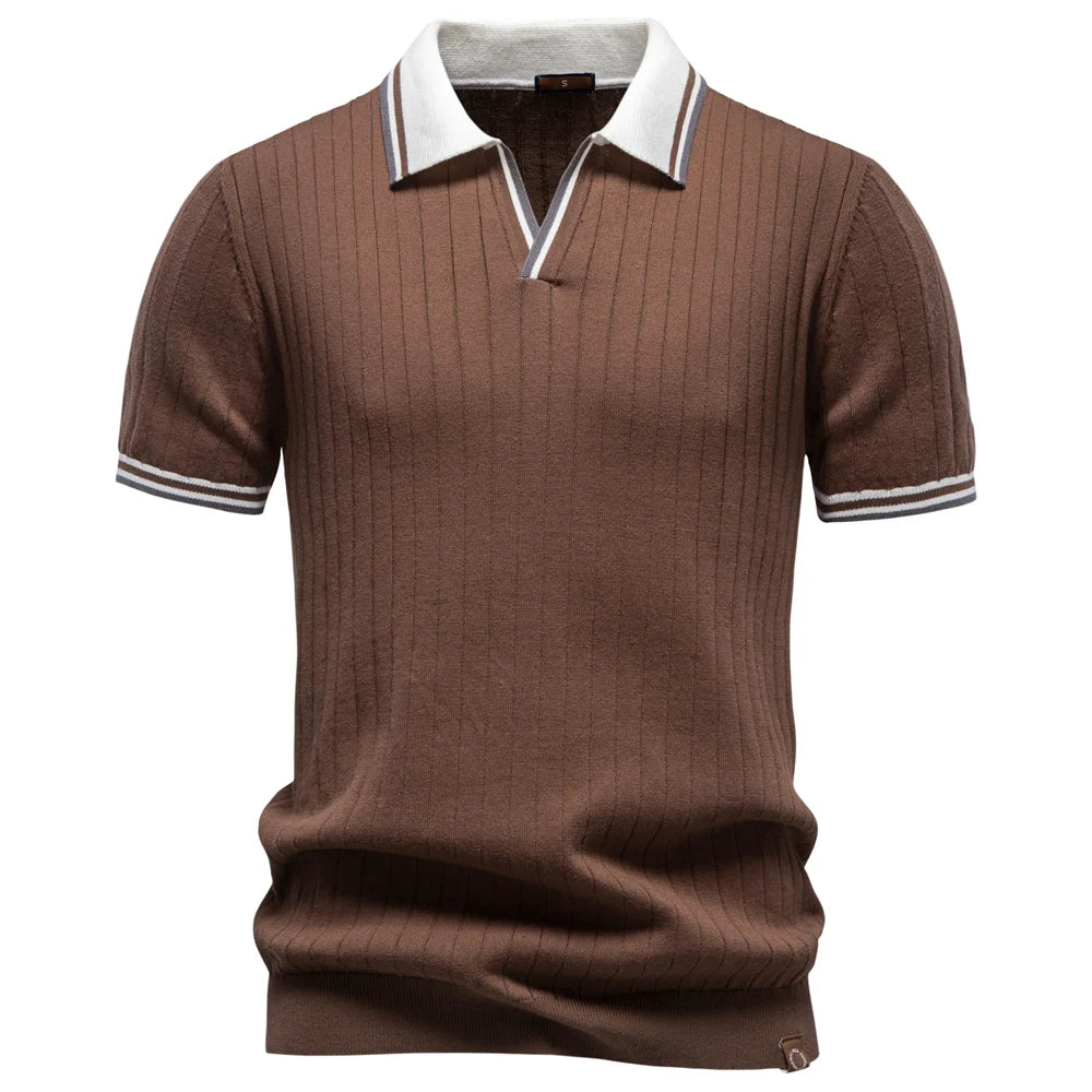 Men's brown ribbed polo shirt, casual wear for summer