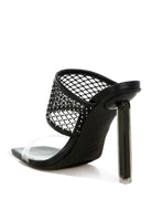 Rag Company black mesh dress heels for women with clear toe strap and faceted stiletto heel