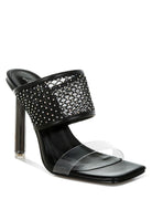 Rag Company black mesh dress heels for women mule with studded mesh upper clear toe strap and stiletto heel