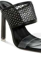 Rag Company black mesh dress heels for women with rhinestone studded mesh band clear toe strap