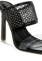 Rag Company black mesh dress heels for women with rhinestone studded mesh band clear toe strap