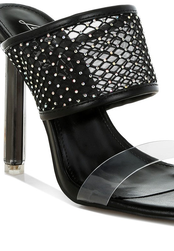 Rag Company black mesh dress heels for women with rhinestone studded mesh band clear toe strap