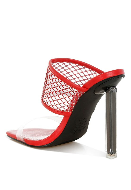 Rag Company red mesh mule with clear strap and acrylic stiletto heel black mesh dress heels for women