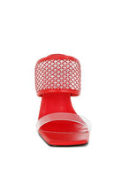 Red mesh band dress sandal with clear toe strap and low block heel black mesh dress heels for women