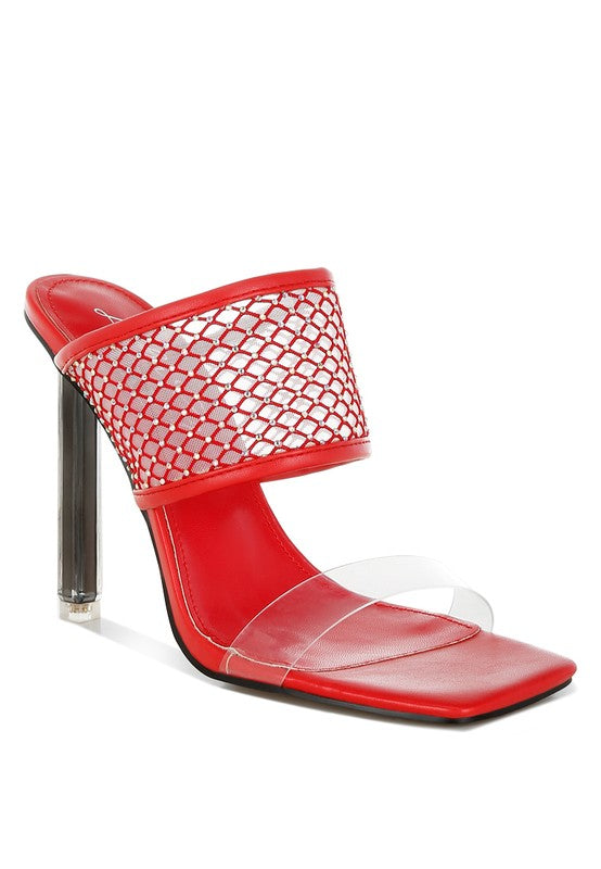 Rag Company red mesh dress mule with clear toe strap and lucite stiletto heel alternative to black mesh dress heels for women