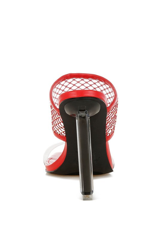 Rag Company red mesh stiletto shoe with black heel from rear black mesh dress heels for women