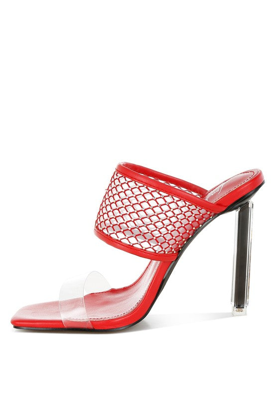 Rag Company red mesh mule heel with clear toe strap and chrome stiletto heel black mesh dress heels for women