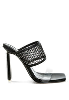Rag Company black mesh dress heels for women mule with clear toe strap square toe metallic stiletto heel