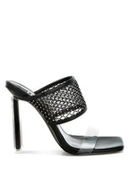 Rag Company black mesh dress heels for women mule with clear toe strap square toe metallic stiletto heel