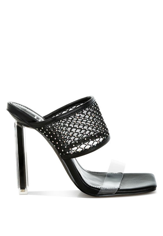 Rag Company black mesh dress heels for women mule with clear toe strap square toe metallic stiletto heel