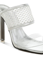 Rag Company silver clear strap high heel mule with embellished mesh band black mesh dress heels for women