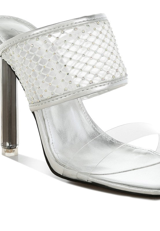Rag Company silver clear strap high heel mule with embellished mesh band black mesh dress heels for women
